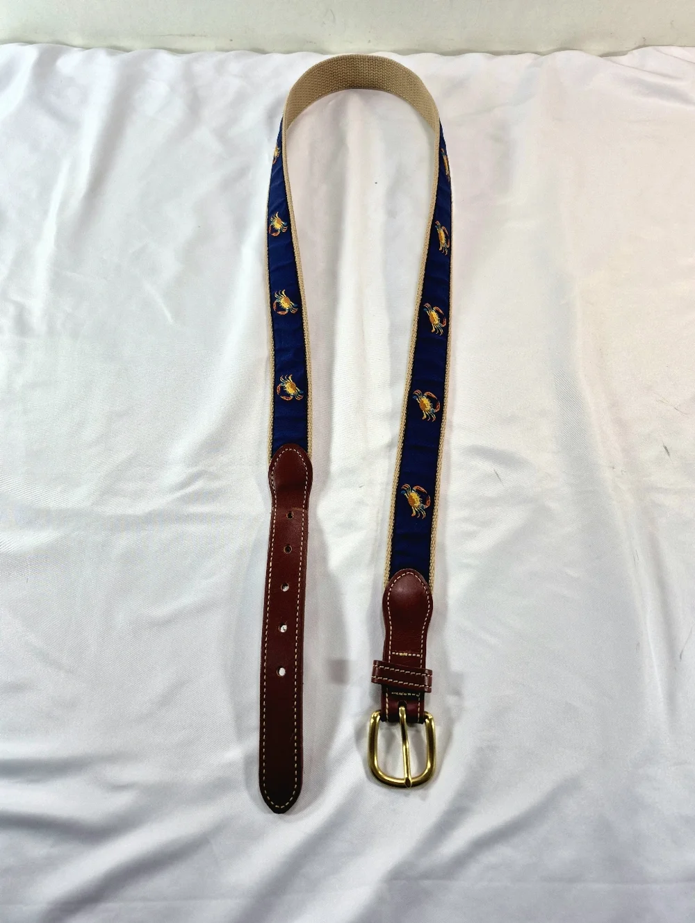 NWOT Leather Man Ltd. Blue Crab Ribbon Belt - Navy/Khaki USA Natical Old Money